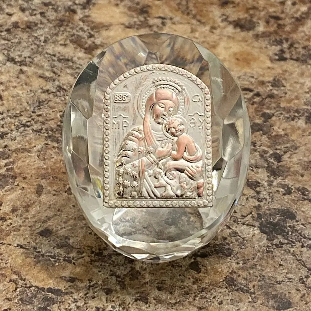 Self Standing Crystal Block with Virgin Mary and Baby Jesus Christ Mantle Decor